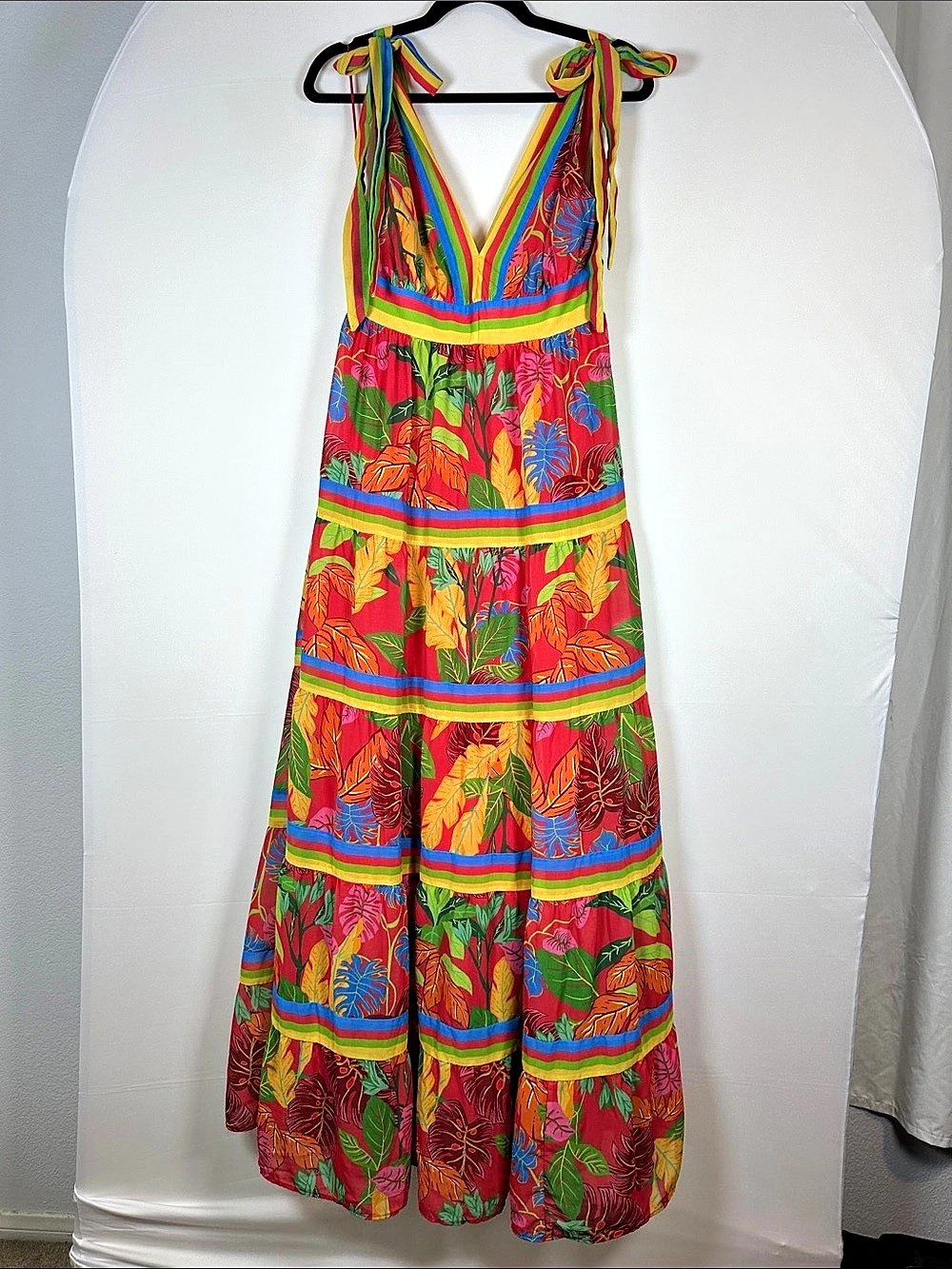 Flying Tomato Floral Maxi Dress Large Green Red Tie Shoulder Boho Resort